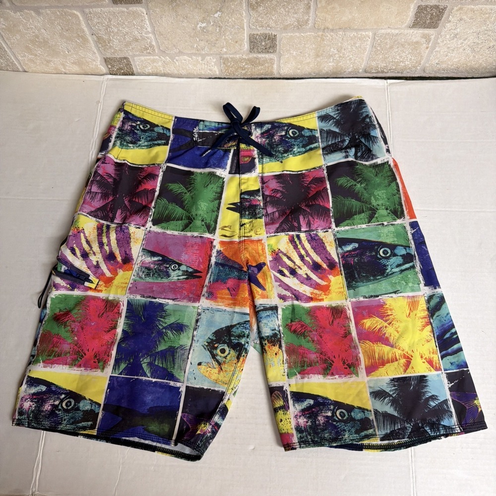 Salt Life Board Shorts SLX-QD Vapor Stretch Mens Size 34 Colorful Fish No Lining